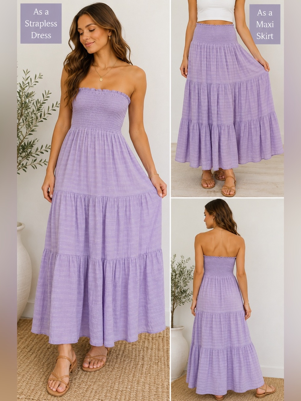 Needii Lavender Smocked Tiered Maxi Skirt / Convertible Strapless Dress Medium